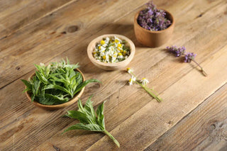 An image of fresh medicinal herbs like chamomile, lavender, and mint displayed in wooden bowls on a rustic wooden table.