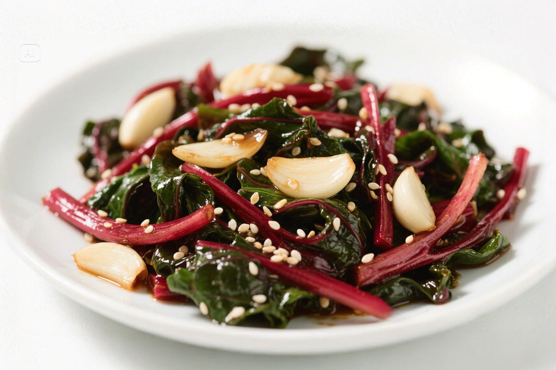Stir-Fried Red Mustard Greens with Sesame and Garlic – Bloom Ranch